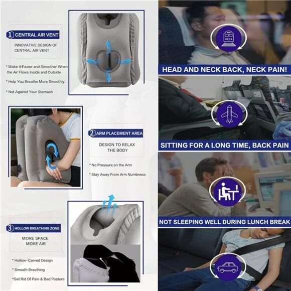 Inflatable Travel Neck Pillow Airplane Sleep Support with Eye Mask Earplugs - Picture 5 of 8